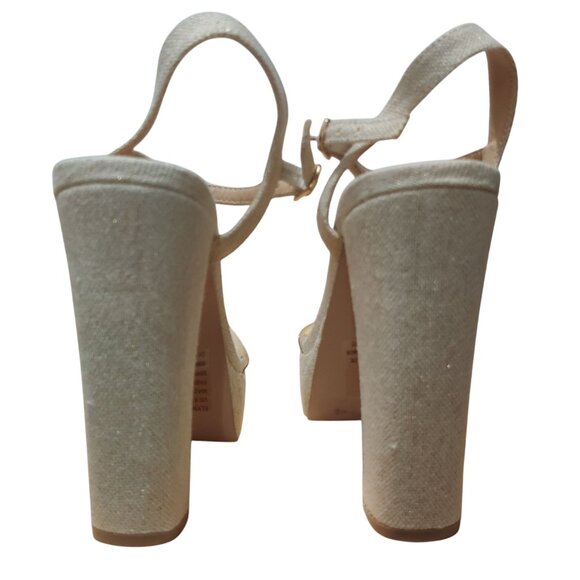 JustFab 8 Platform Block Heel Clear Strap Sandals Gold Glitter Linen Bridal Chic - Picture 3 of 10